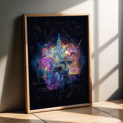 Capcom Beat Em Up Bundle art by Kazuya Nuri in an oak frame leaning on a wooden floor