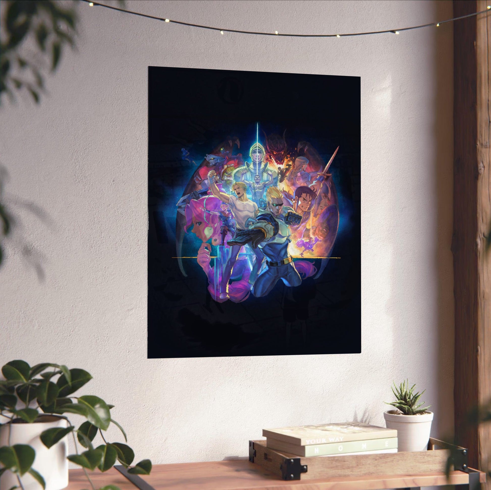 Capcom Beat Em Up Bundle art by Kazuya Nuri unframed on a white wall above a desk