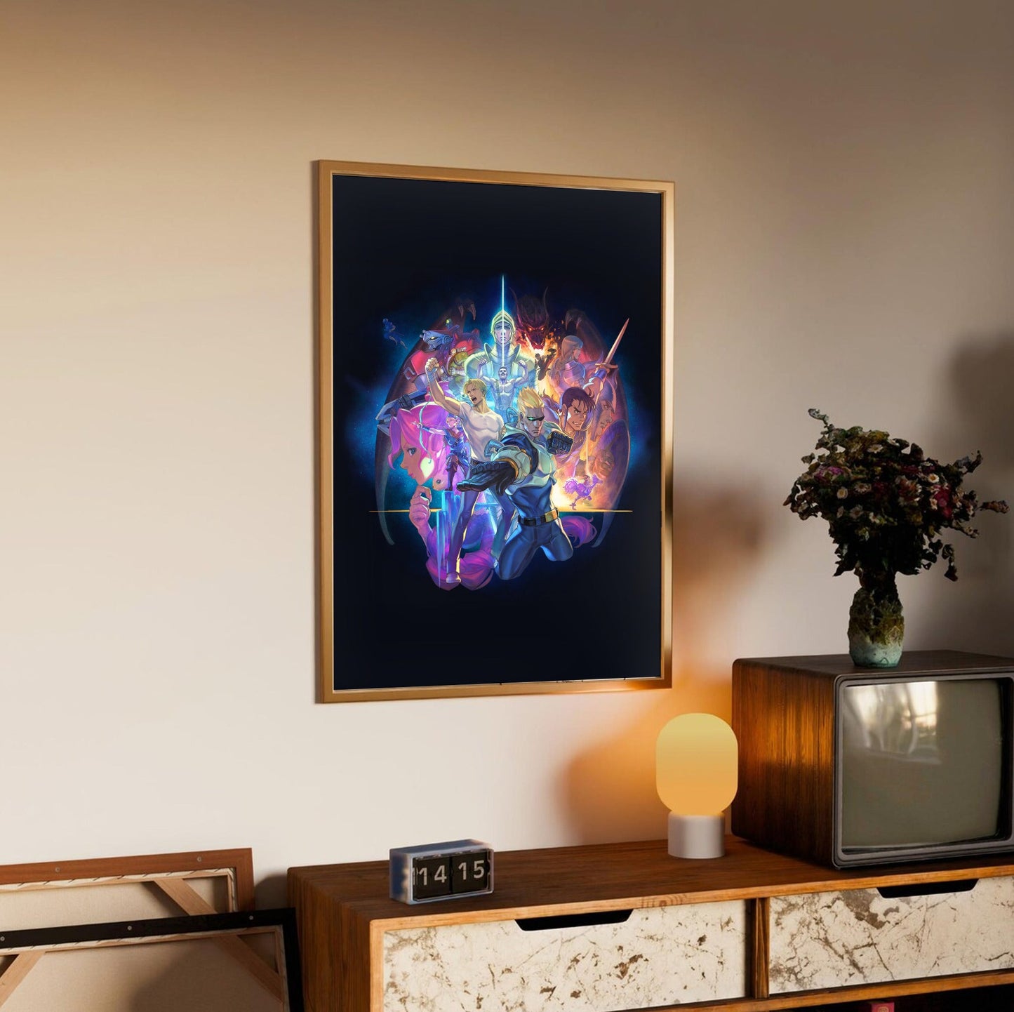 Capcom Beat Em Up Bundle art by Kazuya Nuri in an oak frame above a sideboard