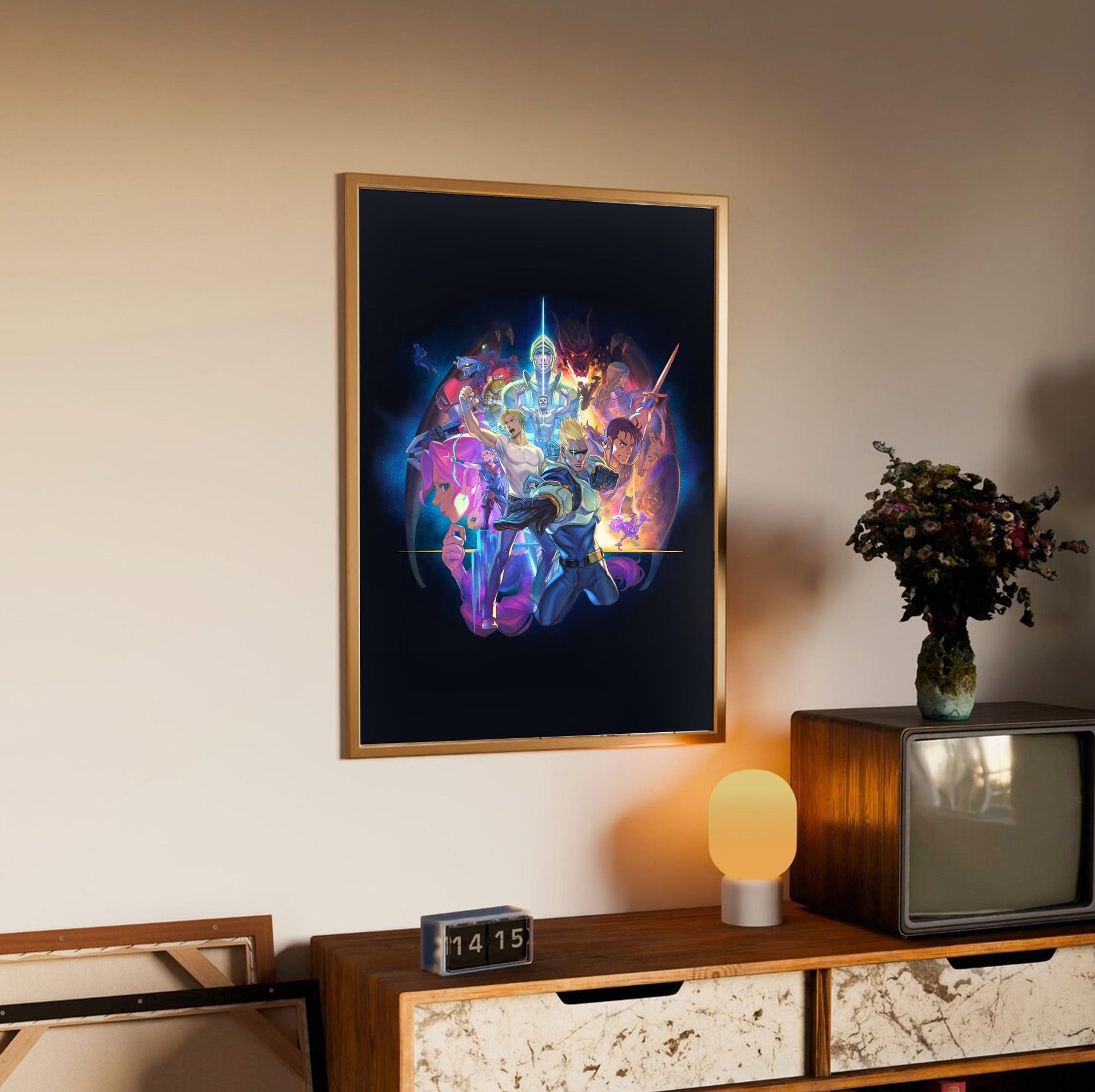 Capcom Beat Em Up Bundle art by Kazuya Nuri in an oak frame above a sideboard