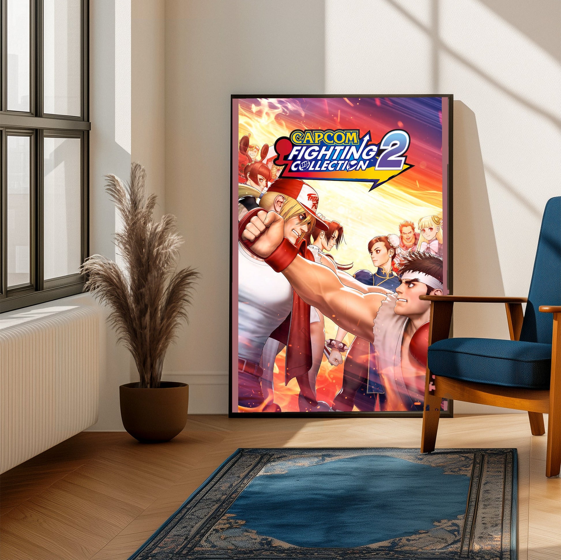 Capcom Fighting Collection 2 key art with logo framed beside a blue armchair in a sunlit room