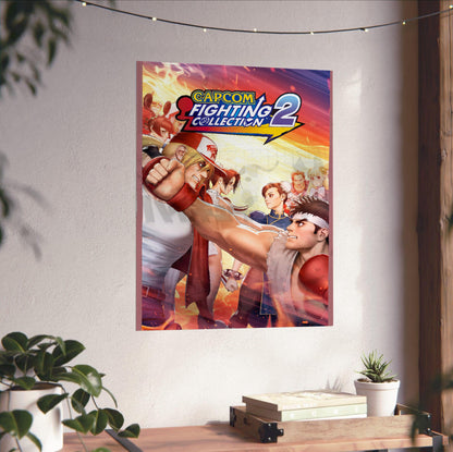 Capcom Fighting Collection 2 key art with logo unframed on a white wall above a desk