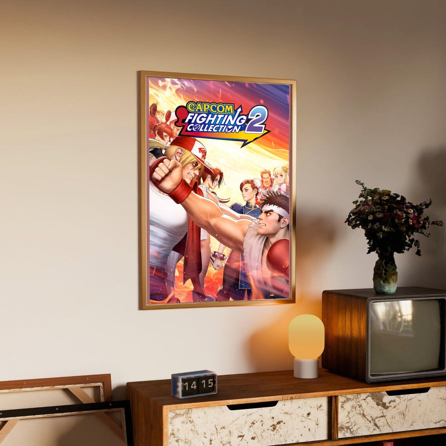 Capcom Fighting Collection 2 key art with logo in an oak frame above a sideboard