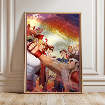 Capcom Fighting Collection 2 key artwork in a light oak frame leaning against a white wall