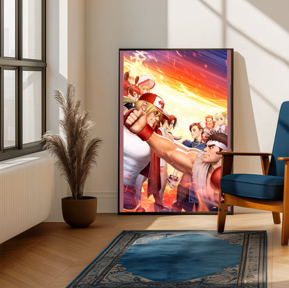 Capcom Fighting Collection 2 key artwork framed beside a blue armchair in a sunlit room