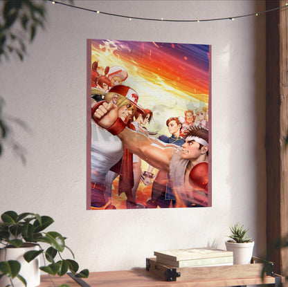 Capcom Fighting Collection 2 key artwork unframed on a white wall above a desk
