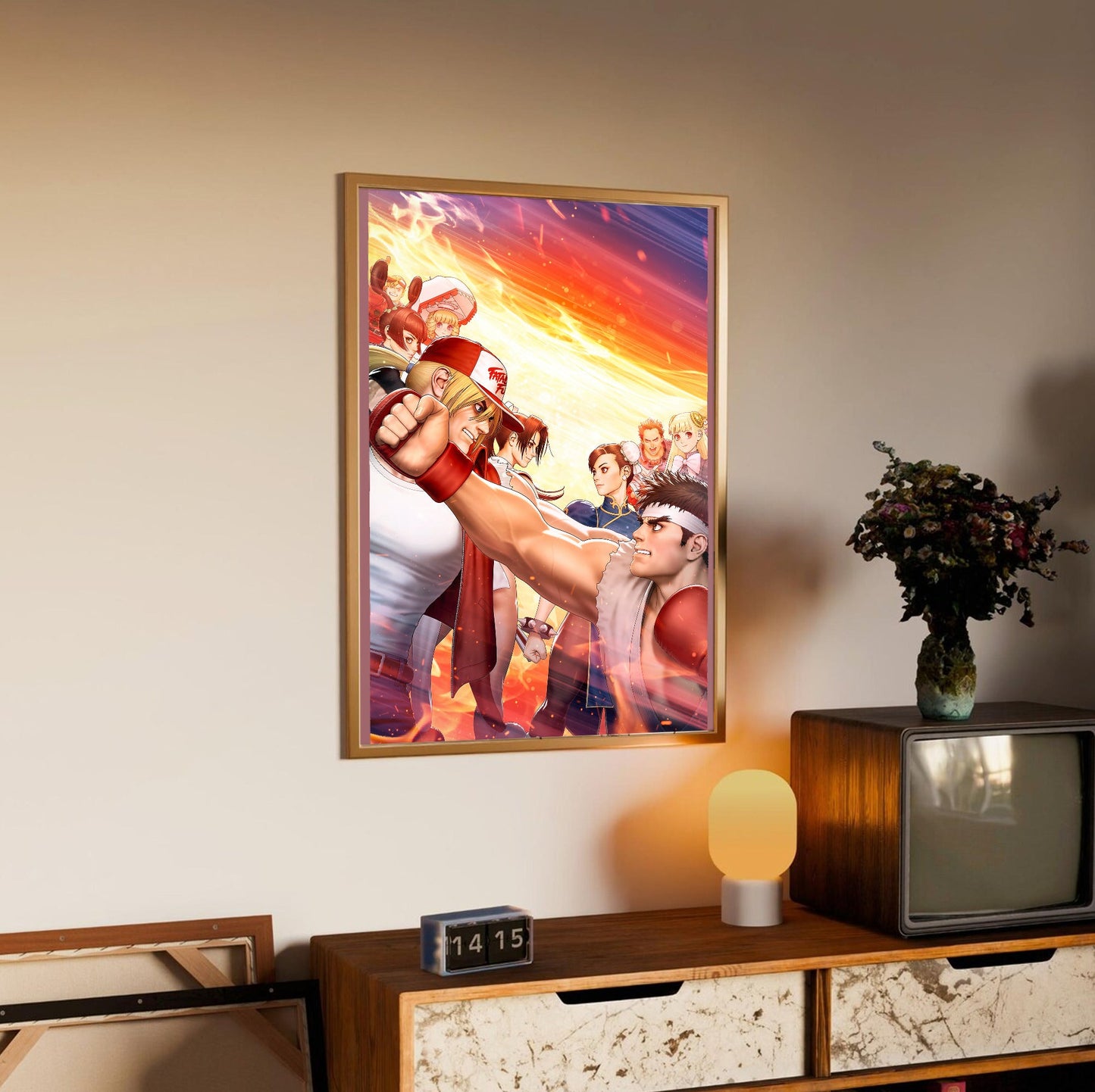 Capcom Fighting Collection 2 key artwork in an oak frame above a sideboard