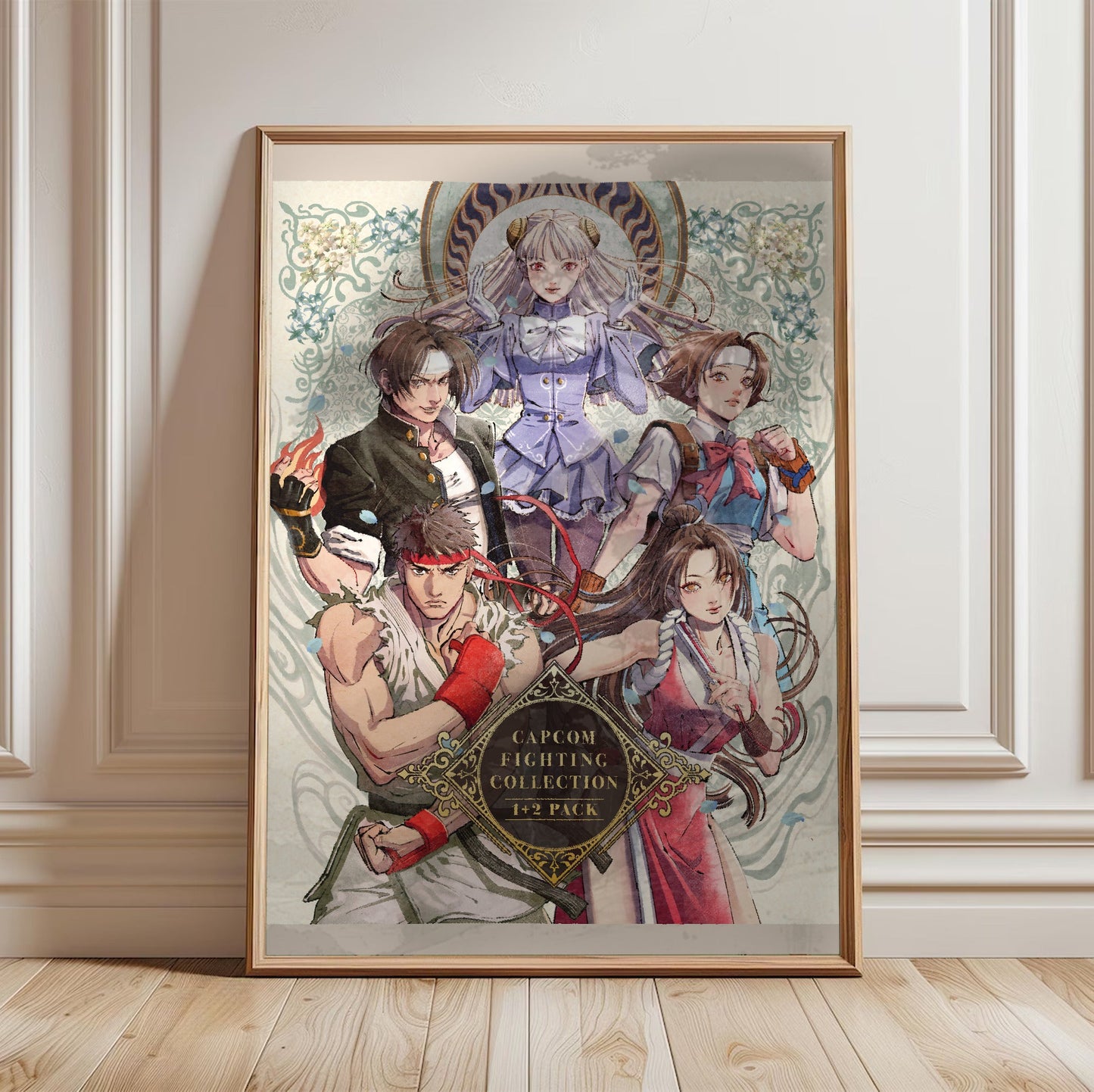 Capcom Fighting Collection 2 pack art in a light oak frame leaning against a white wall