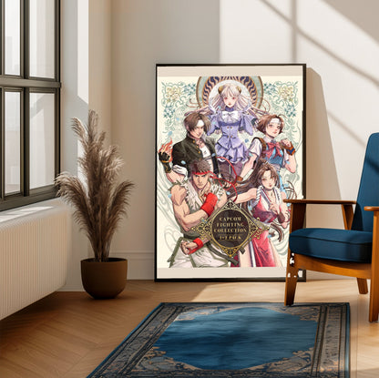 Capcom Fighting Collection 2 pack art framed beside a blue armchair in a sunlit room