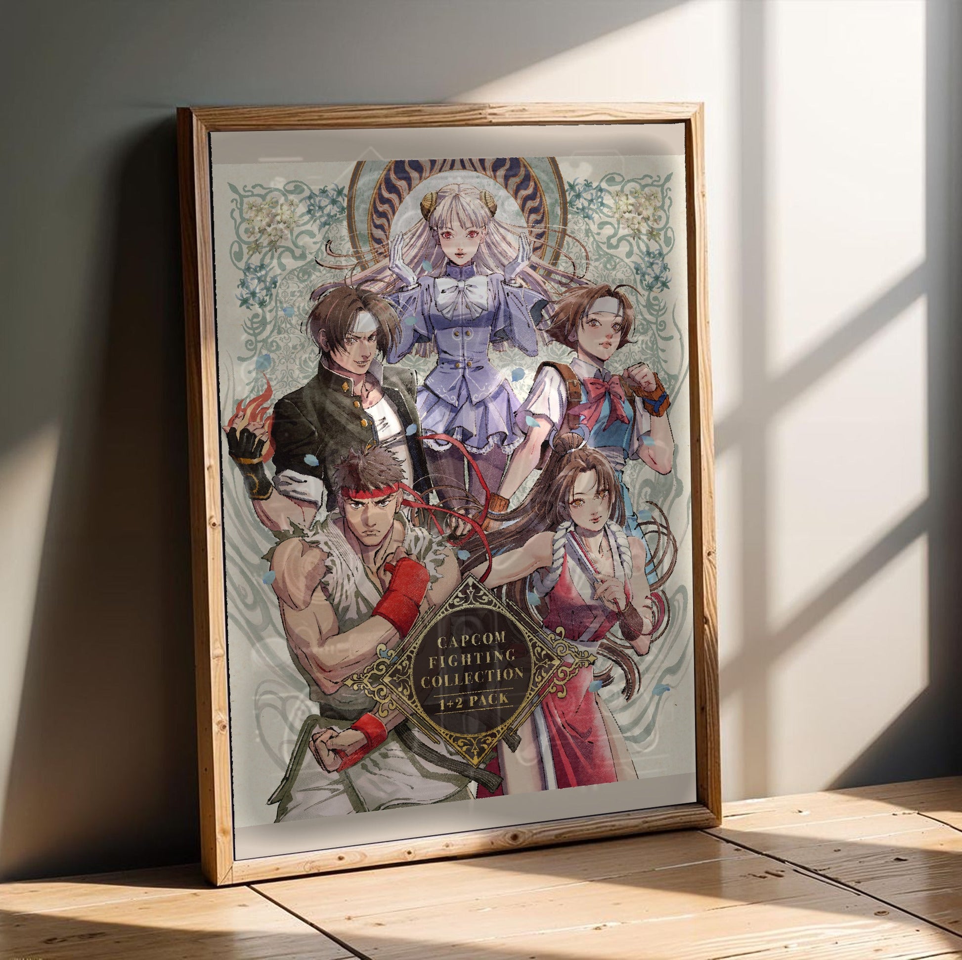 Capcom Fighting Collection 2 pack art in an oak frame leaning on a wooden floor