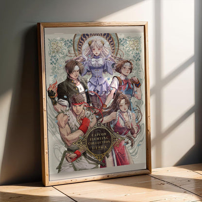 Capcom Fighting Collection 2 pack art in an oak frame leaning on a wooden floor
