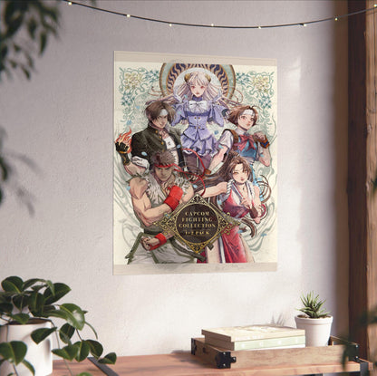 Capcom Fighting Collection 2 pack art unframed on a white wall above a desk