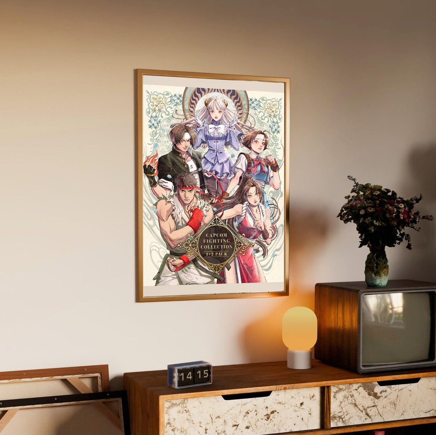 Capcom Fighting Collection 2 pack art in an oak frame above a sideboard