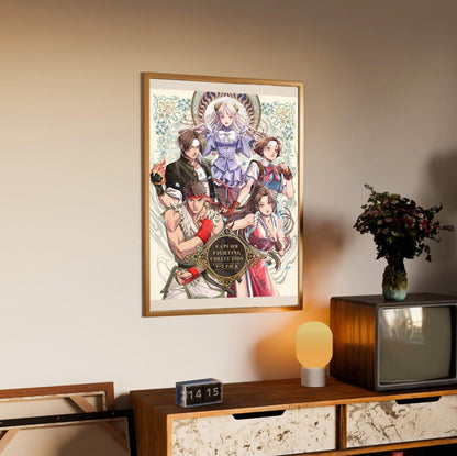 Capcom Fighting Collection 2 pack art in an oak frame above a sideboard