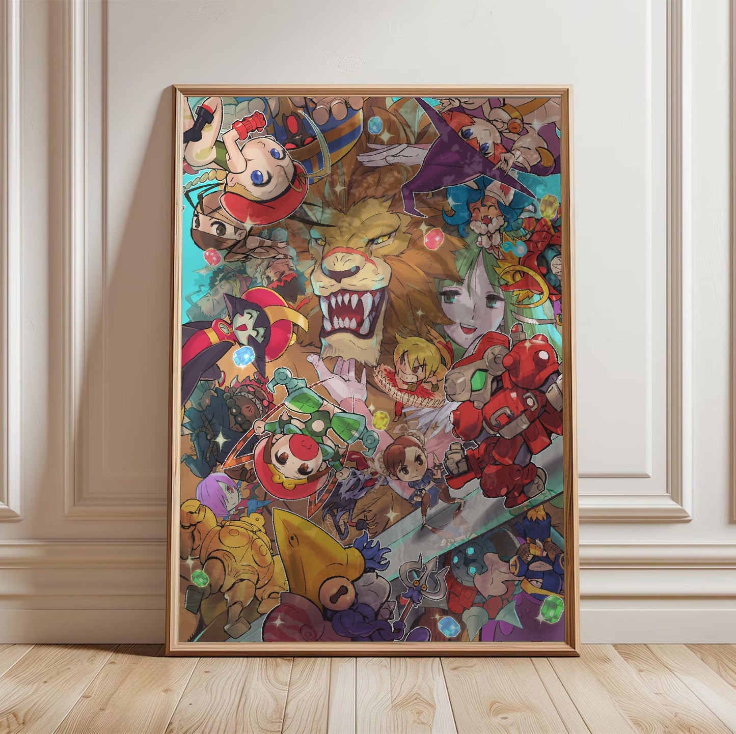 Capcom Fighting Collection cover art by Bengus in a light oak frame leaning against a white wall