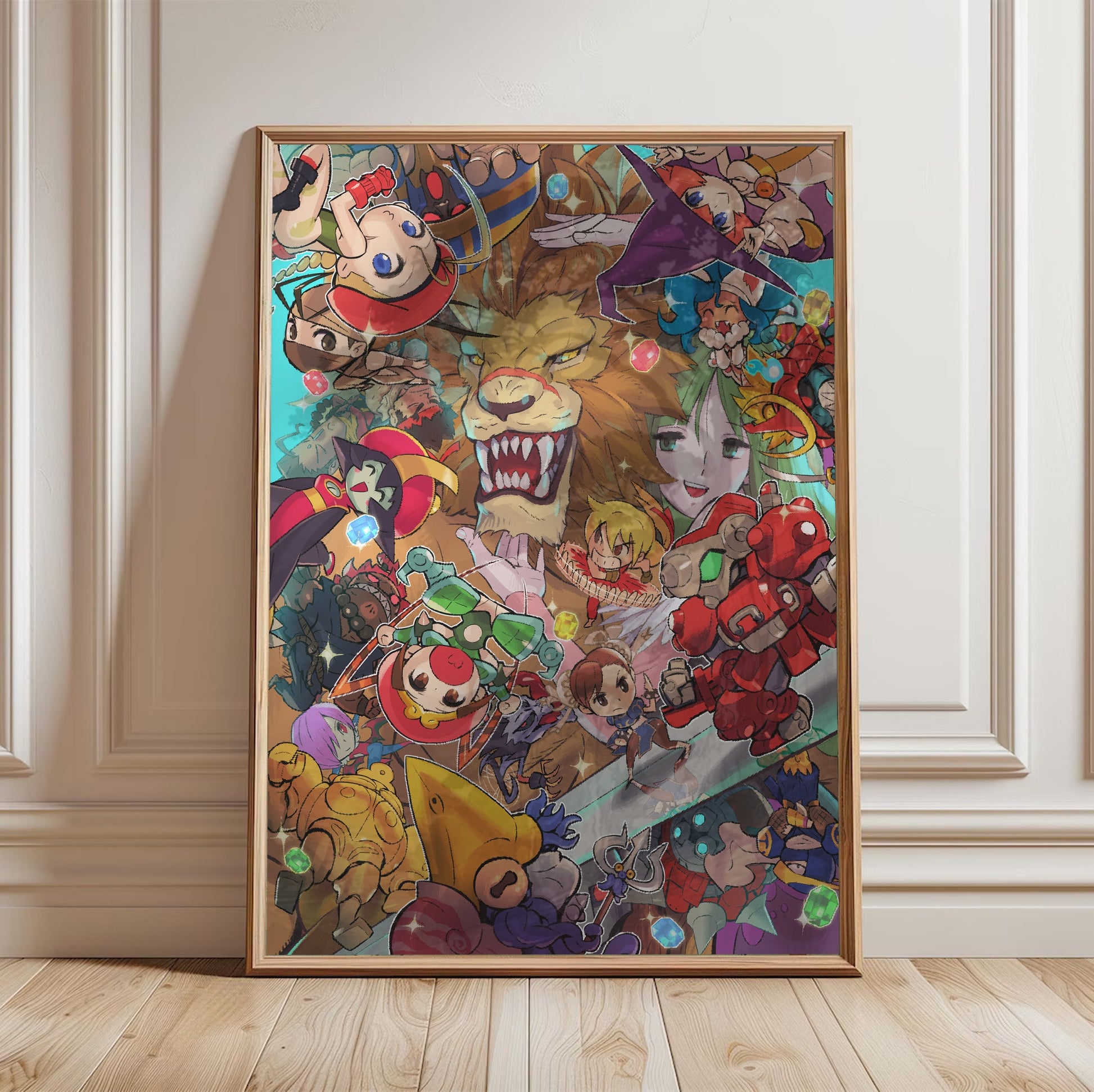 Capcom Fighting Collection cover art by Bengus in a light oak frame leaning against a white wall