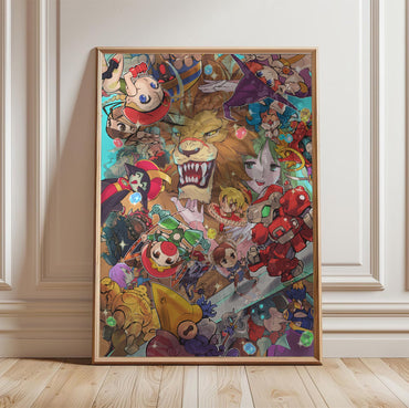 Capcom Fighting Collection cover art by Bengus in a light oak frame leaning against a white wall
