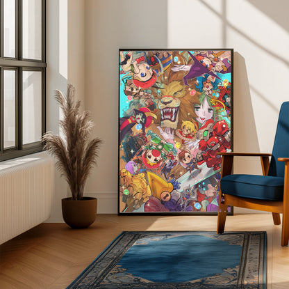 Capcom Fighting Collection cover art by Bengus framed beside a blue armchair in a sunlit room