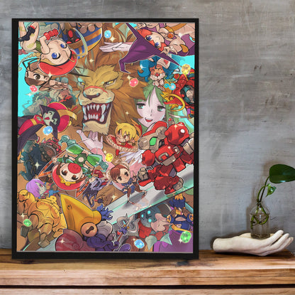 Capcom Fighting Collection cover art by Bengus in a black frame on a wooden shelf against concrete