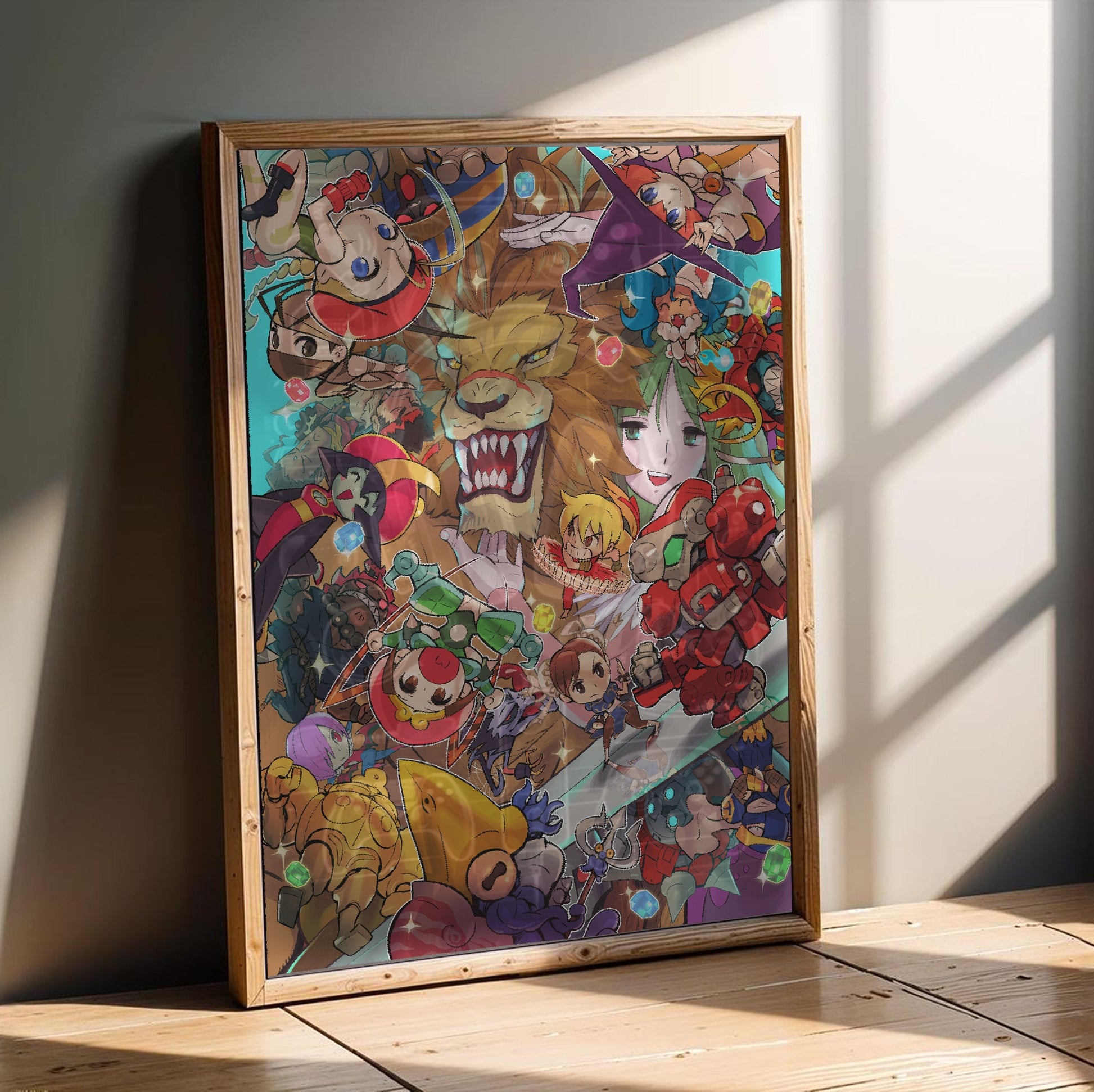 Capcom Fighting Collection cover art by Bengus in an oak frame leaning on a wooden floor