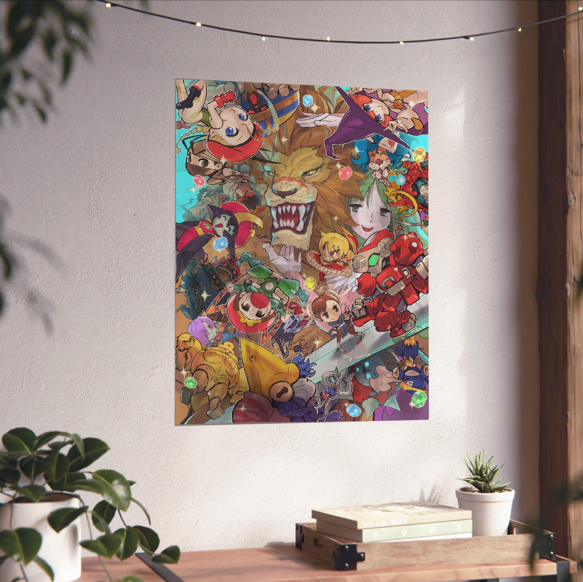 Capcom Fighting Collection cover art by Bengus unframed on a white wall above a desk