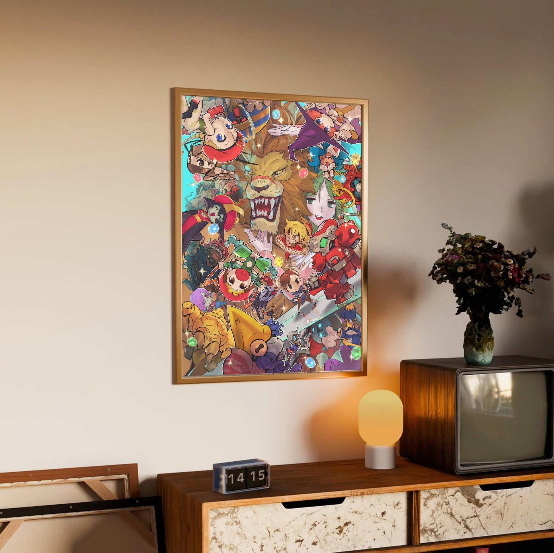 Capcom Fighting Collection cover art by Bengus in an oak frame above a sideboard