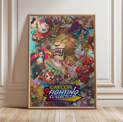Capcom Fighting Collection cover art with logo in a light oak frame leaning against a white wall
