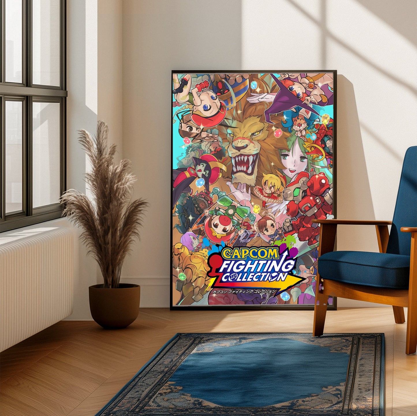 Capcom Fighting Collection cover art with logo framed beside a blue armchair in a sunlit room
