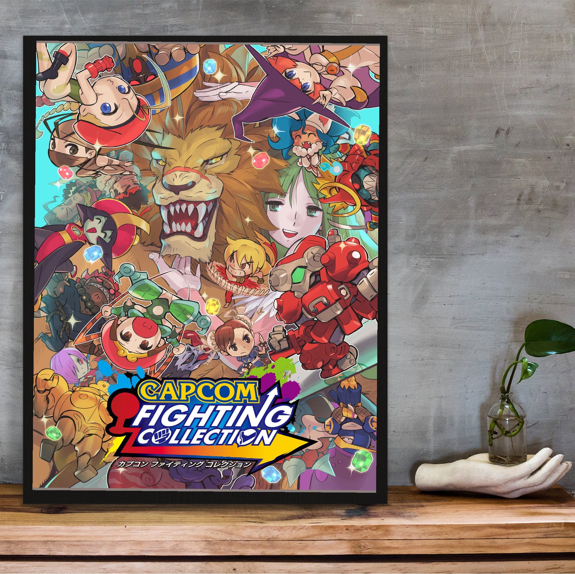 Capcom Fighting Collection cover art with logo in a black frame on a wooden shelf against concrete