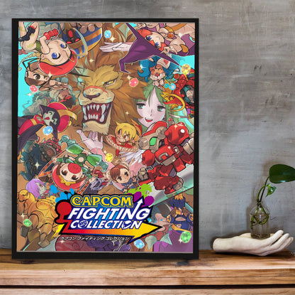 Capcom Fighting Collection cover art with logo in a black frame on a wooden shelf against concrete