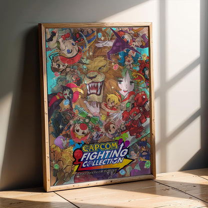 Capcom Fighting Collection cover art with logo in an oak frame leaning on a wooden floor