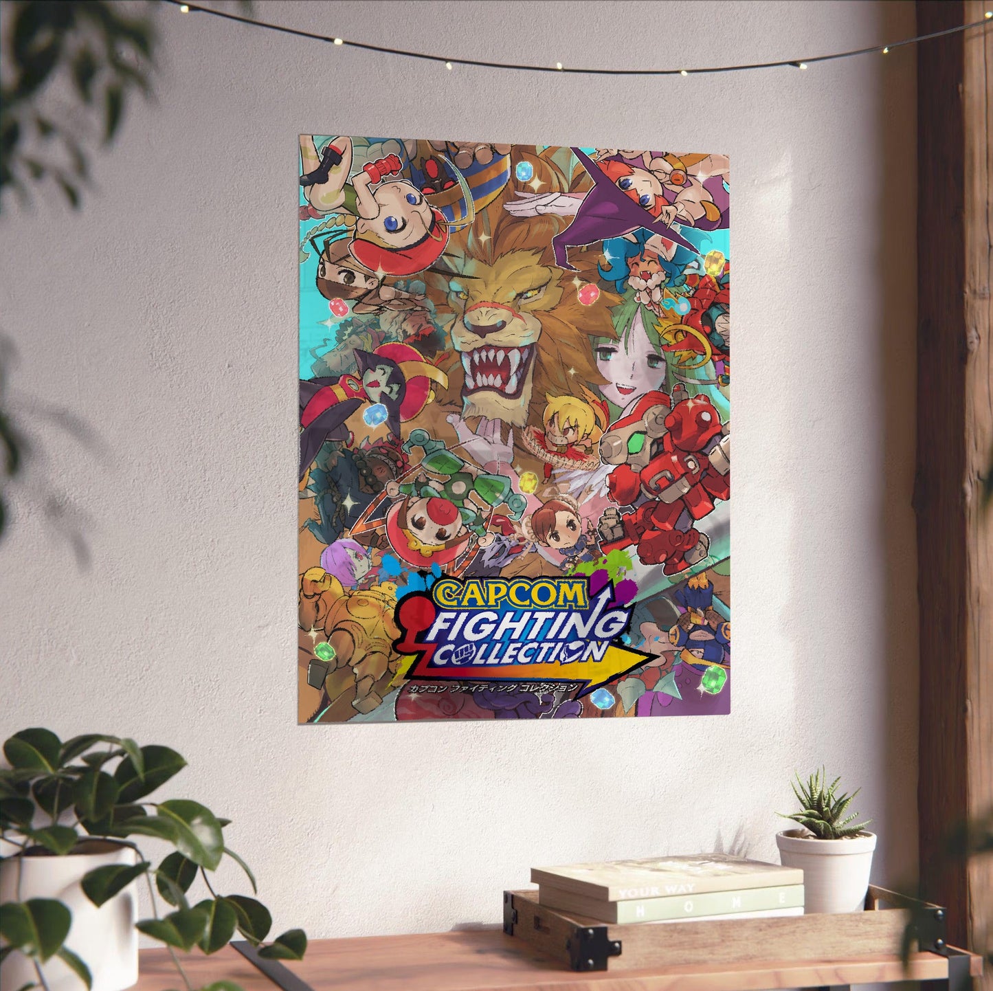 Capcom Fighting Collection cover art with logo unframed on a white wall above a desk