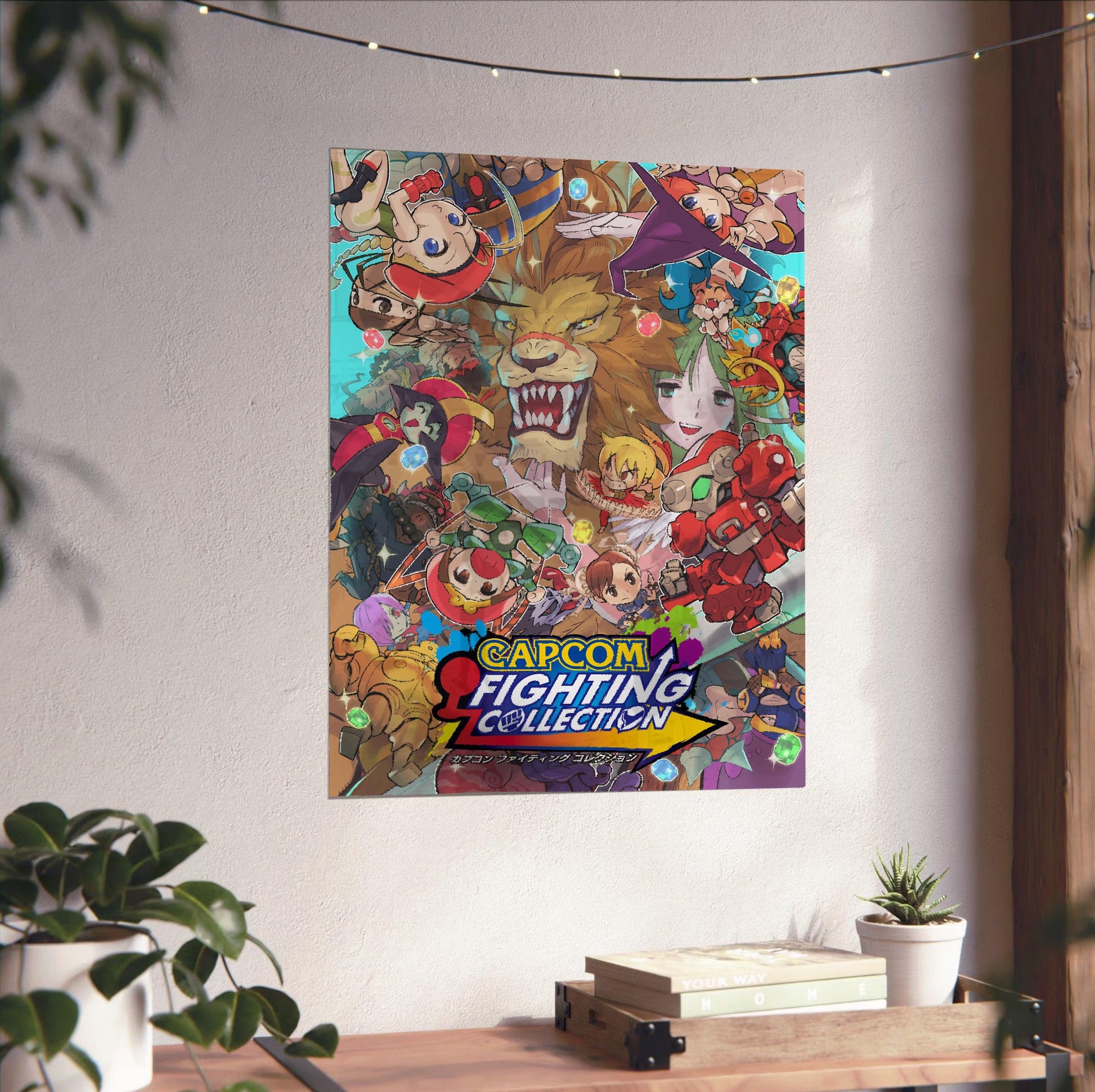 Capcom Fighting Collection cover art with logo unframed on a white wall above a desk