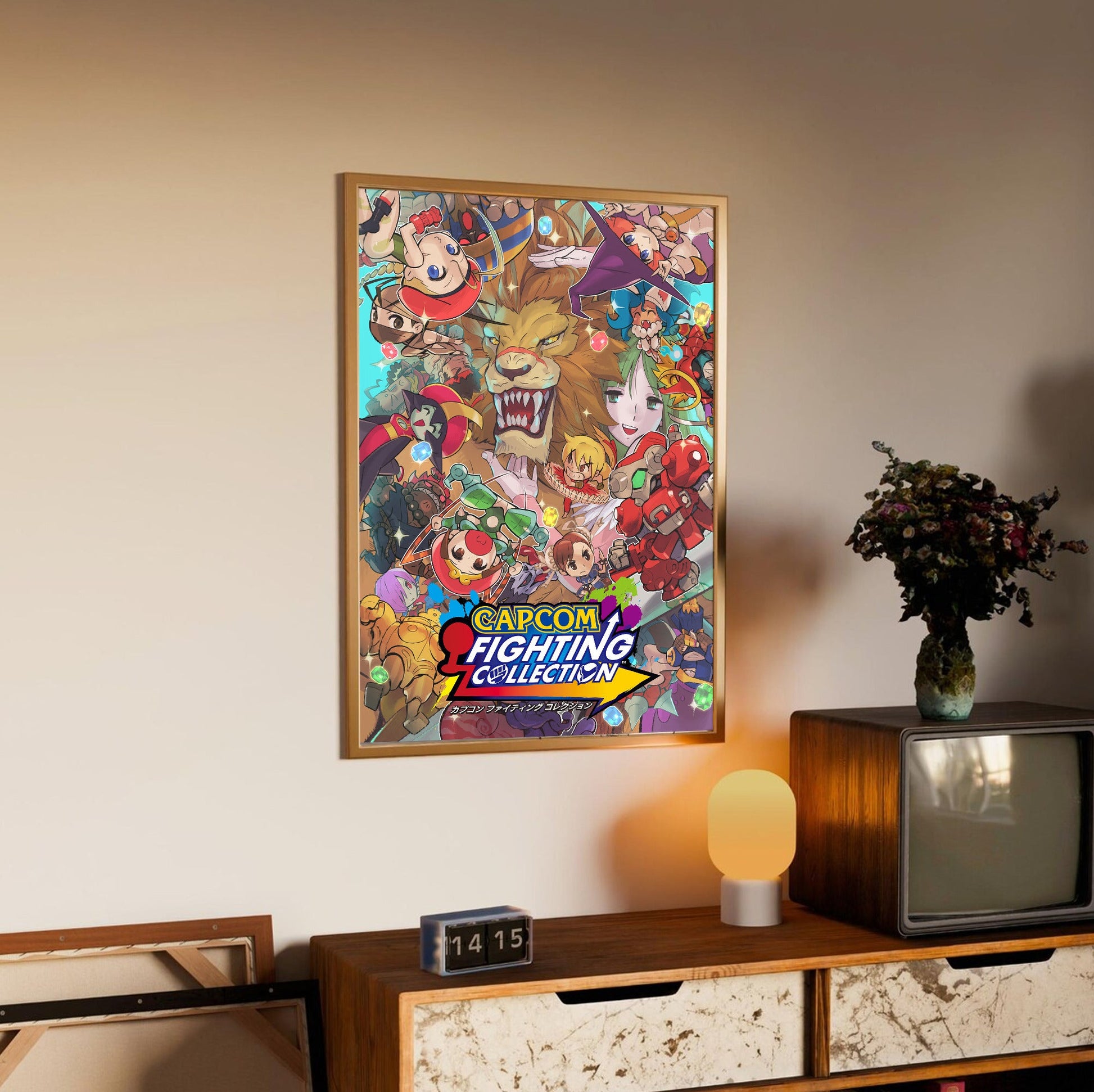 Capcom Fighting Collection cover art with logo in an oak frame above a sideboard
