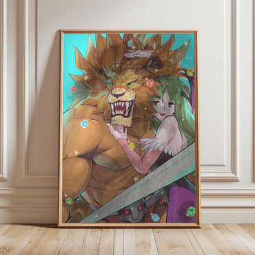 Capcom Fighting Collection Leo and Morrigan by Bengus in a light oak frame leaning against a white wall