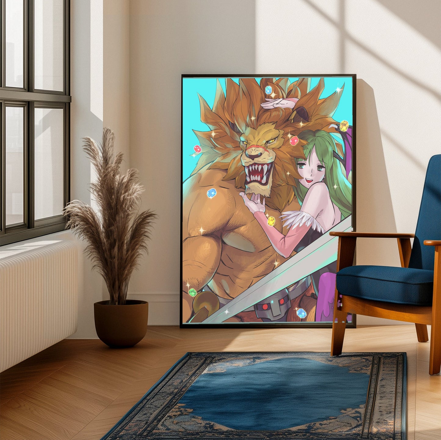 Capcom Fighting Collection Leo and Morrigan by Bengus framed beside a blue armchair in a sunlit room