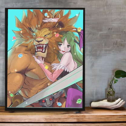 Capcom Fighting Collection Leo and Morrigan by Bengus in a black frame on a wooden shelf against concrete