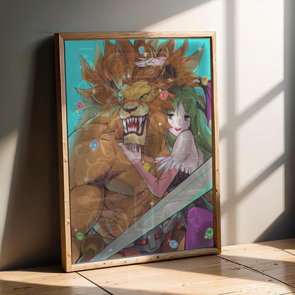 Capcom Fighting Collection Leo and Morrigan by Bengus in an oak frame leaning on a wooden floor