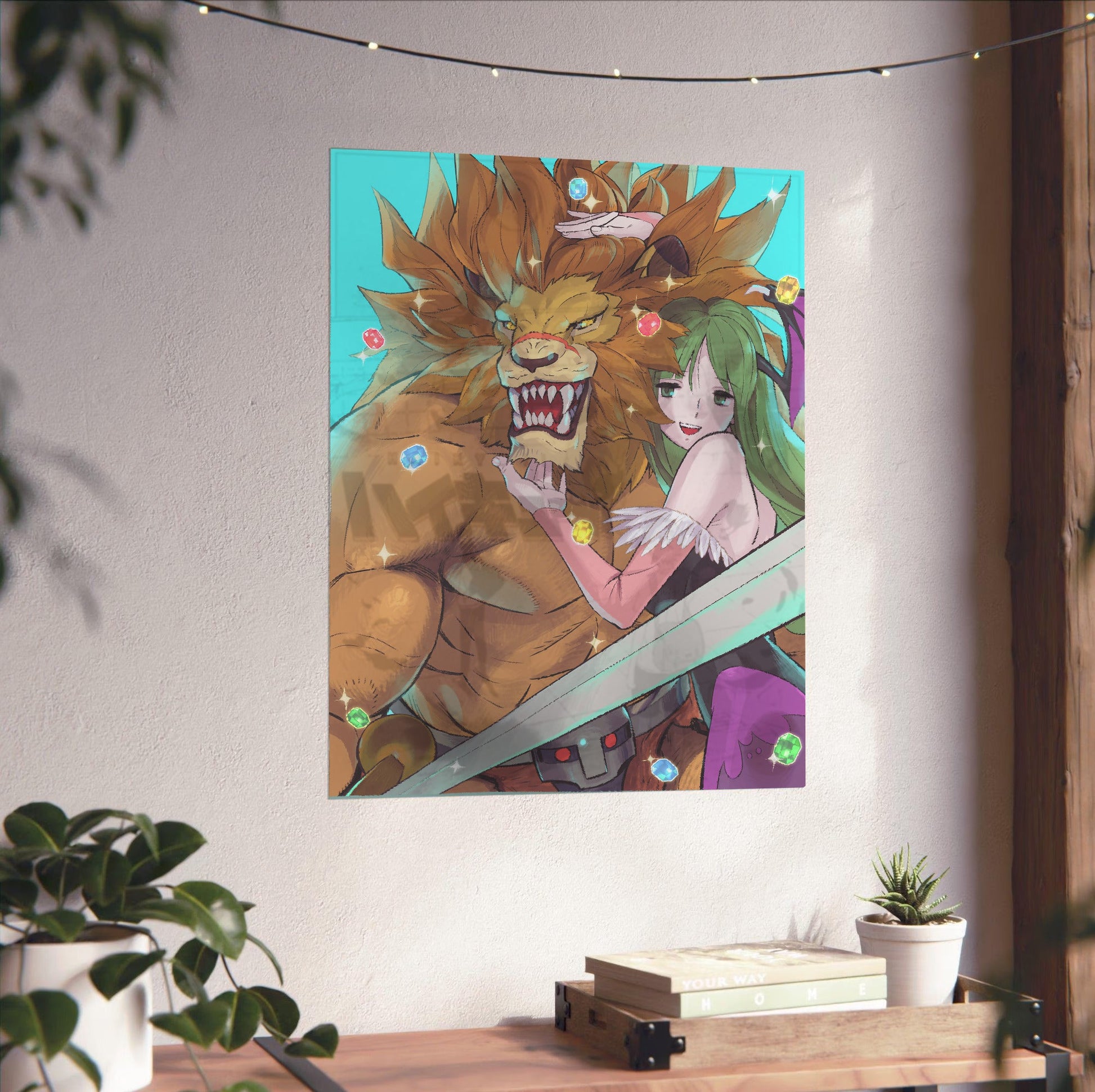 Capcom Fighting Collection Leo and Morrigan by Bengus unframed on a white wall above a desk