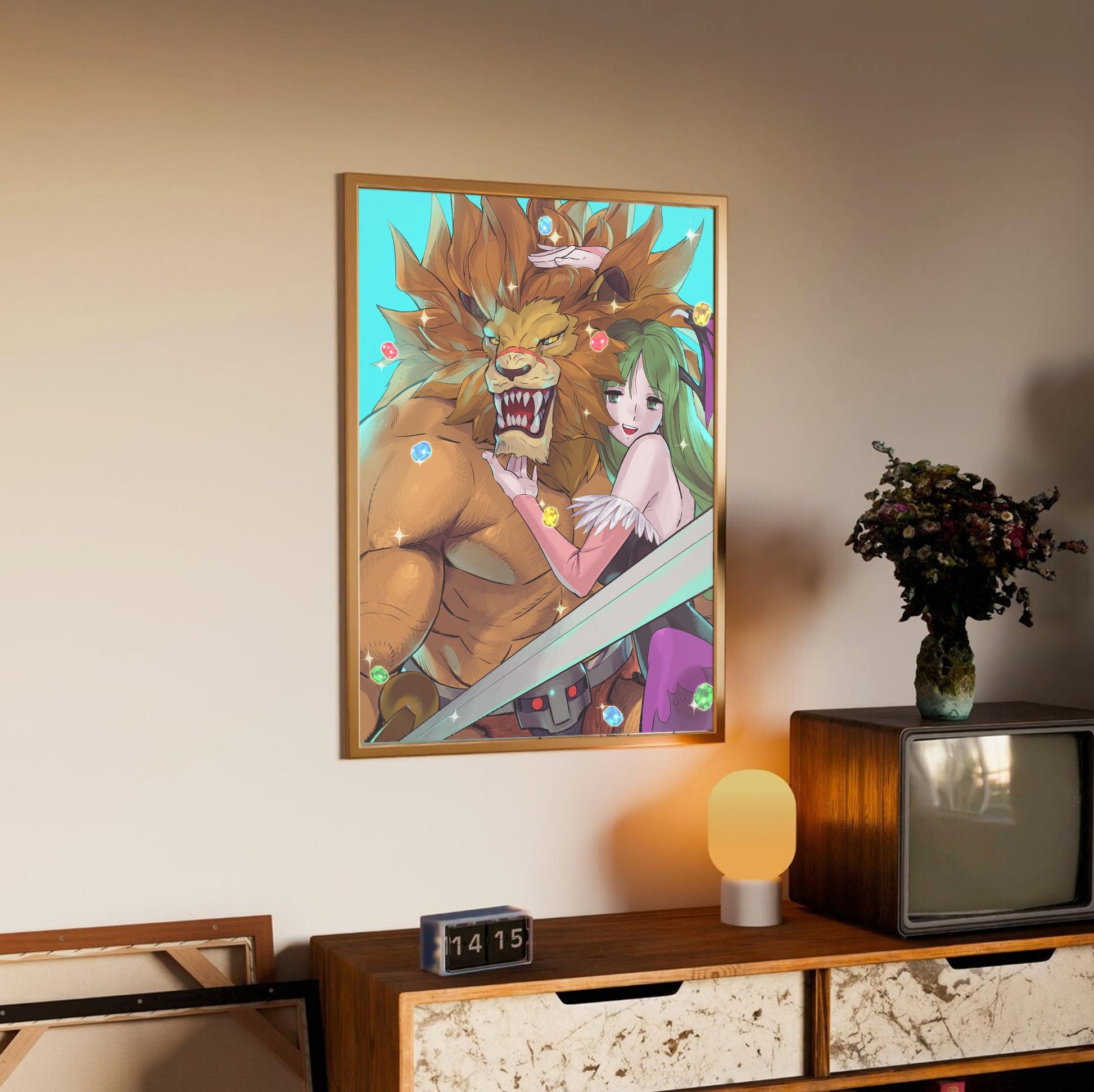Capcom Fighting Collection Leo and Morrigan by Bengus in an oak frame above a sideboard