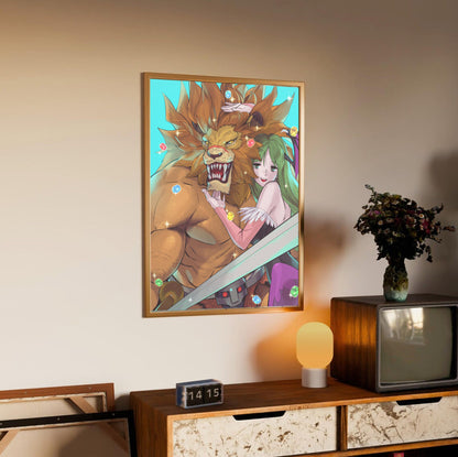 Capcom Fighting Collection Leo and Morrigan by Bengus in an oak frame above a sideboard