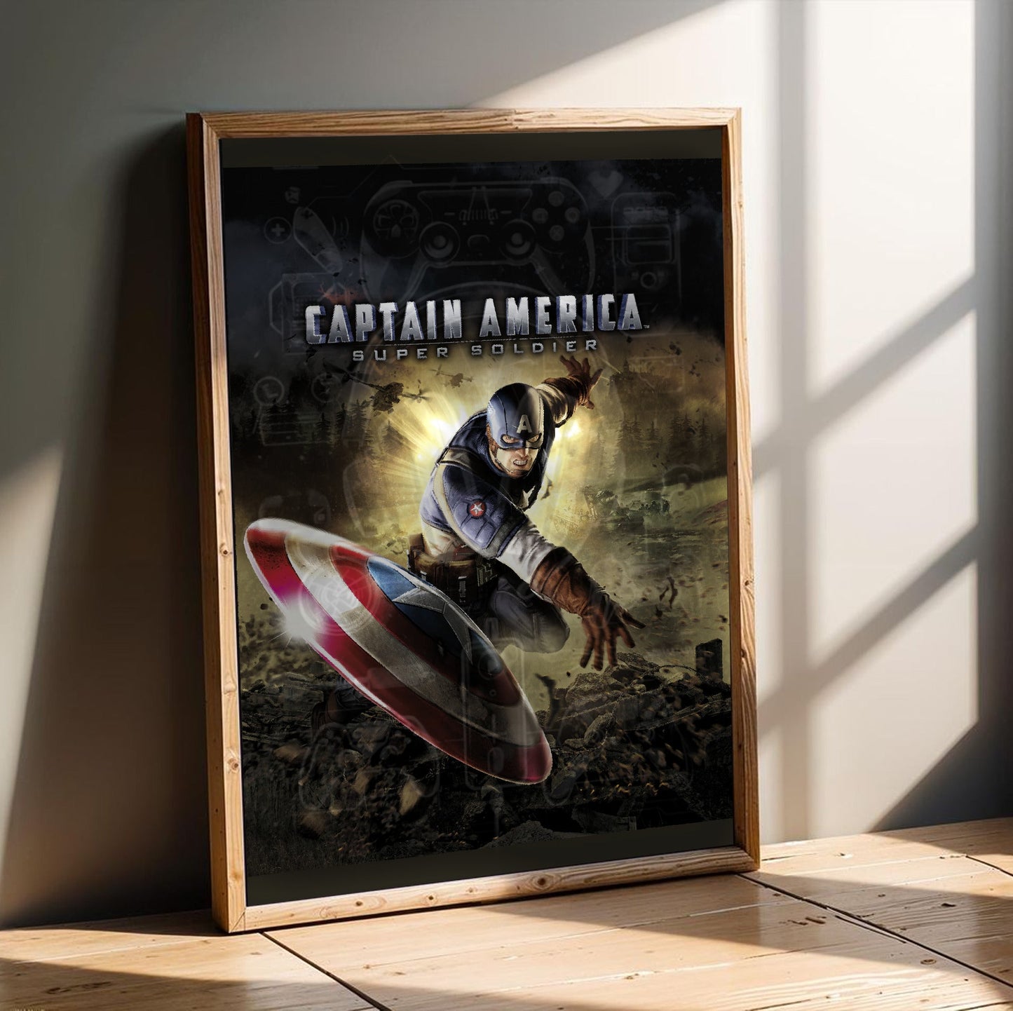 Captain America Super Soldier cover art with logo in an oak frame leaning on a wooden floor