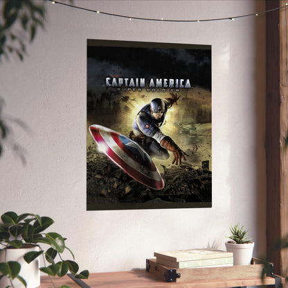Captain America Super Soldier cover art with logo unframed on a white wall above a desk