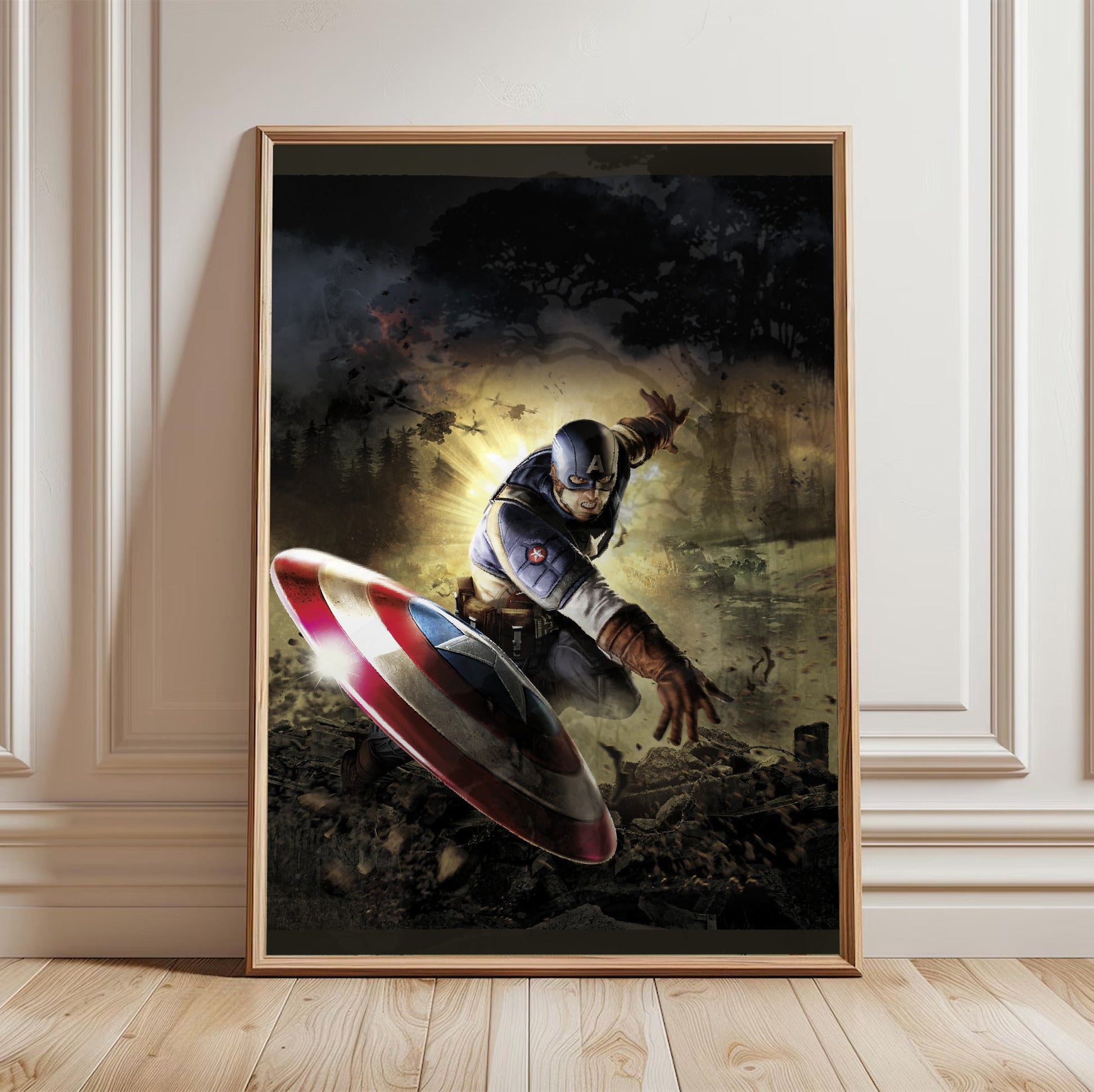 Captain America Super Soldier cover art in a light oak frame leaning against a white wall