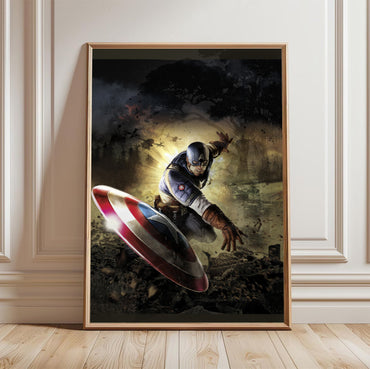 Captain America Super Soldier cover art in a light oak frame leaning against a white wall