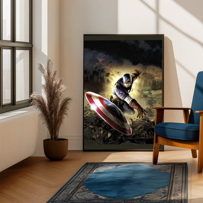 Captain America Super Soldier cover art framed beside a blue armchair in a sunlit room