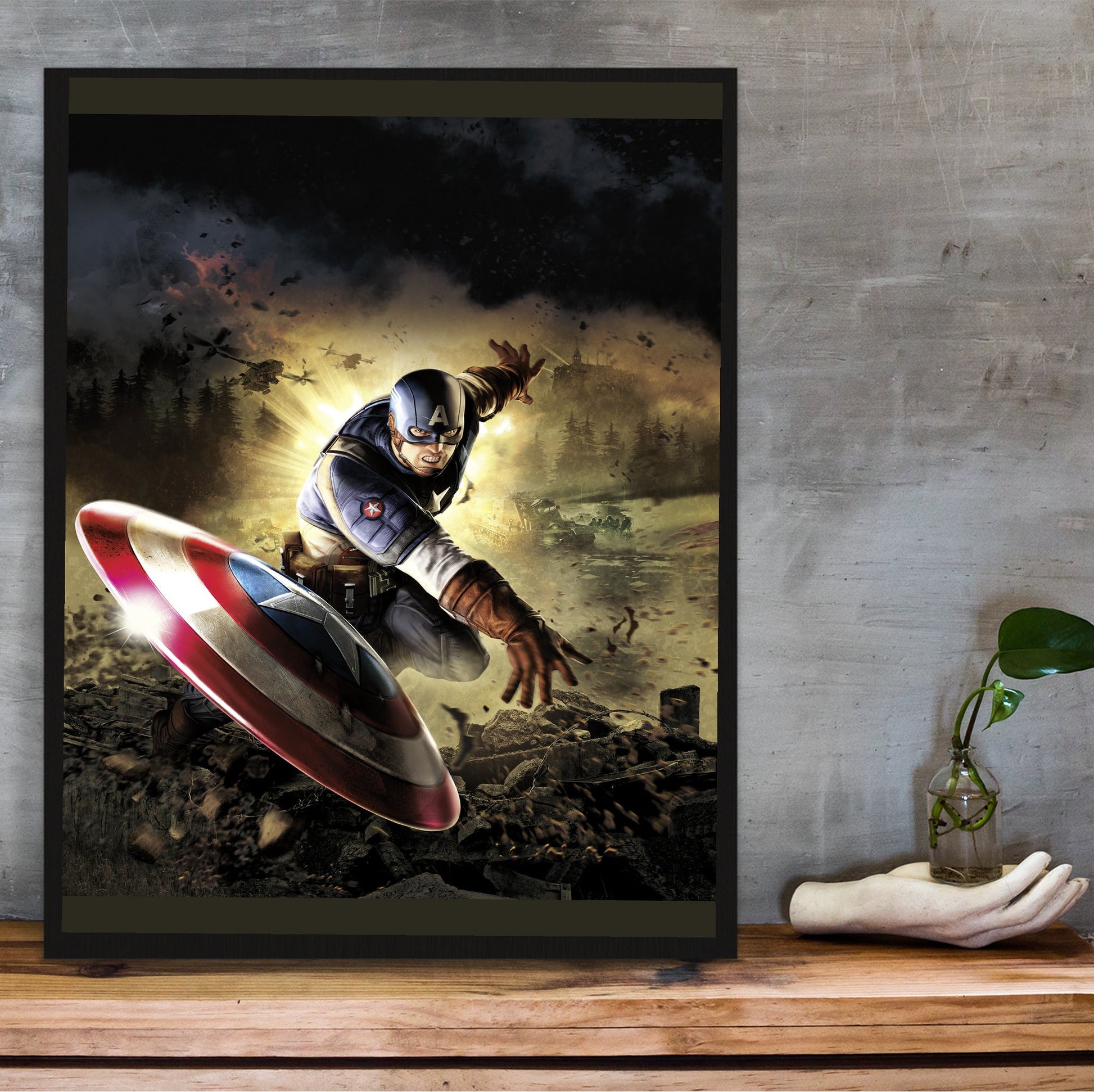 Captain America Super Soldier cover art in a black frame on a wooden shelf against concrete