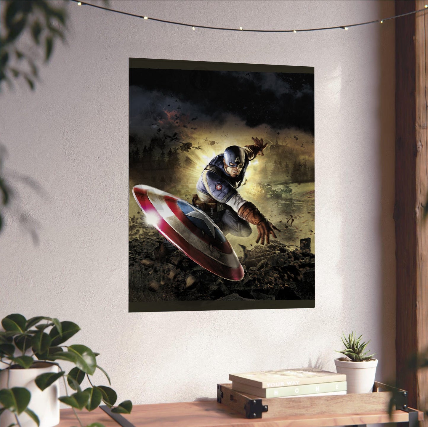 Captain America Super Soldier cover art unframed on a white wall above a desk
