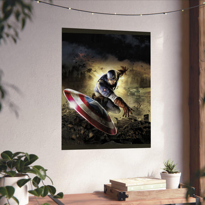 Captain America Super Soldier cover art unframed on a white wall above a desk