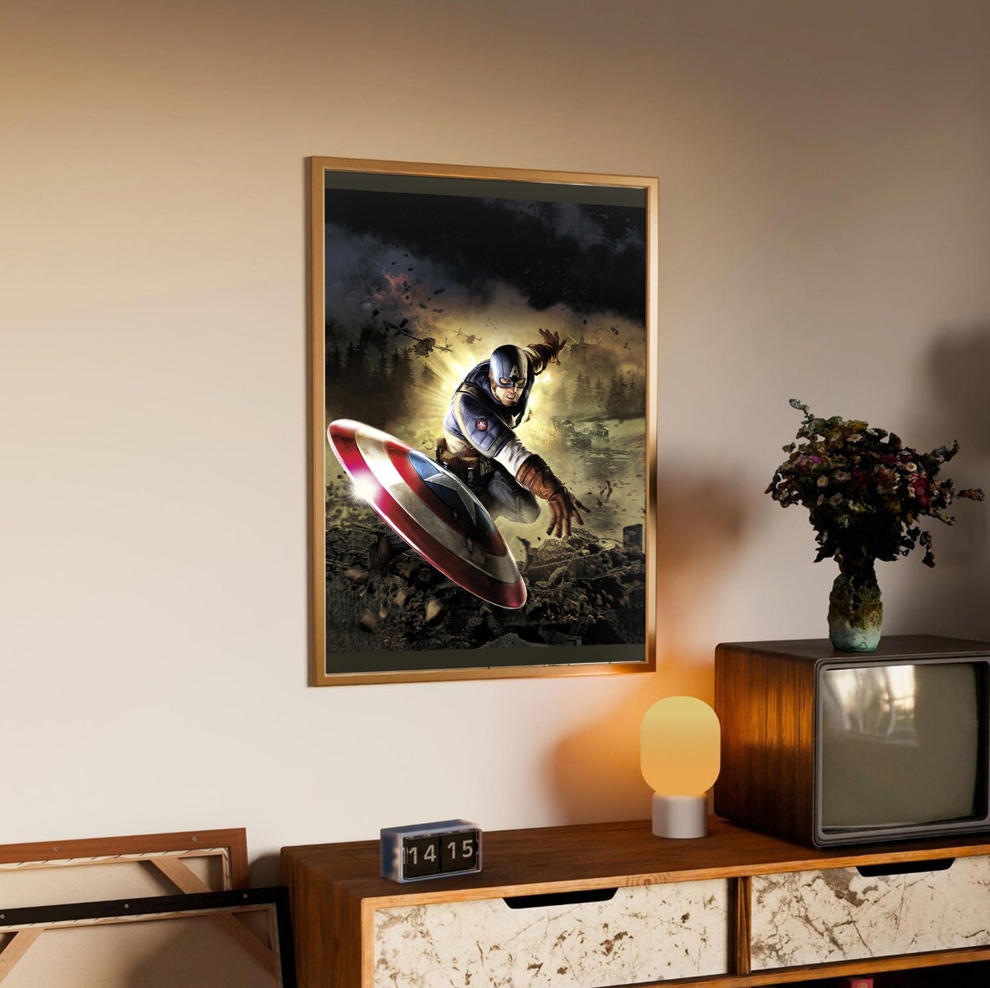 Captain America Super Soldier cover art in an oak frame above a sideboard